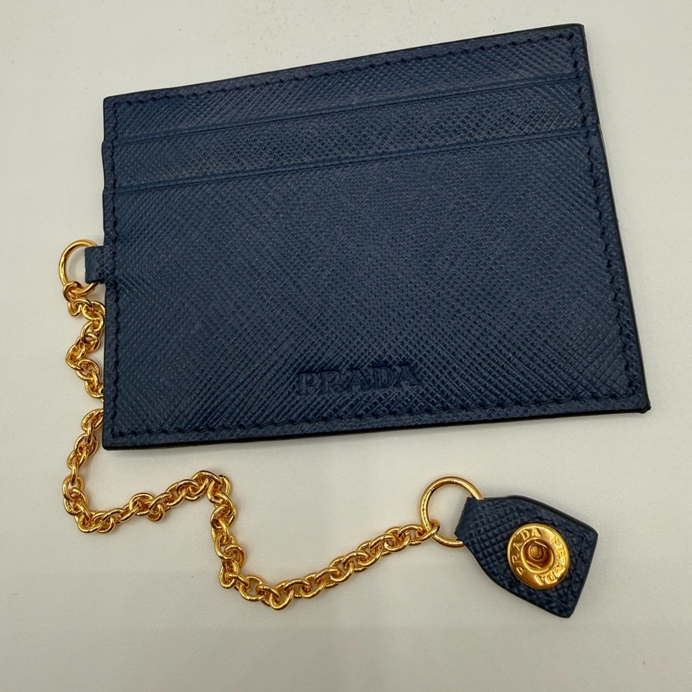 LIKE NEW Prada Navy Leather Pass Case Card Wallet w/ Gold Chain